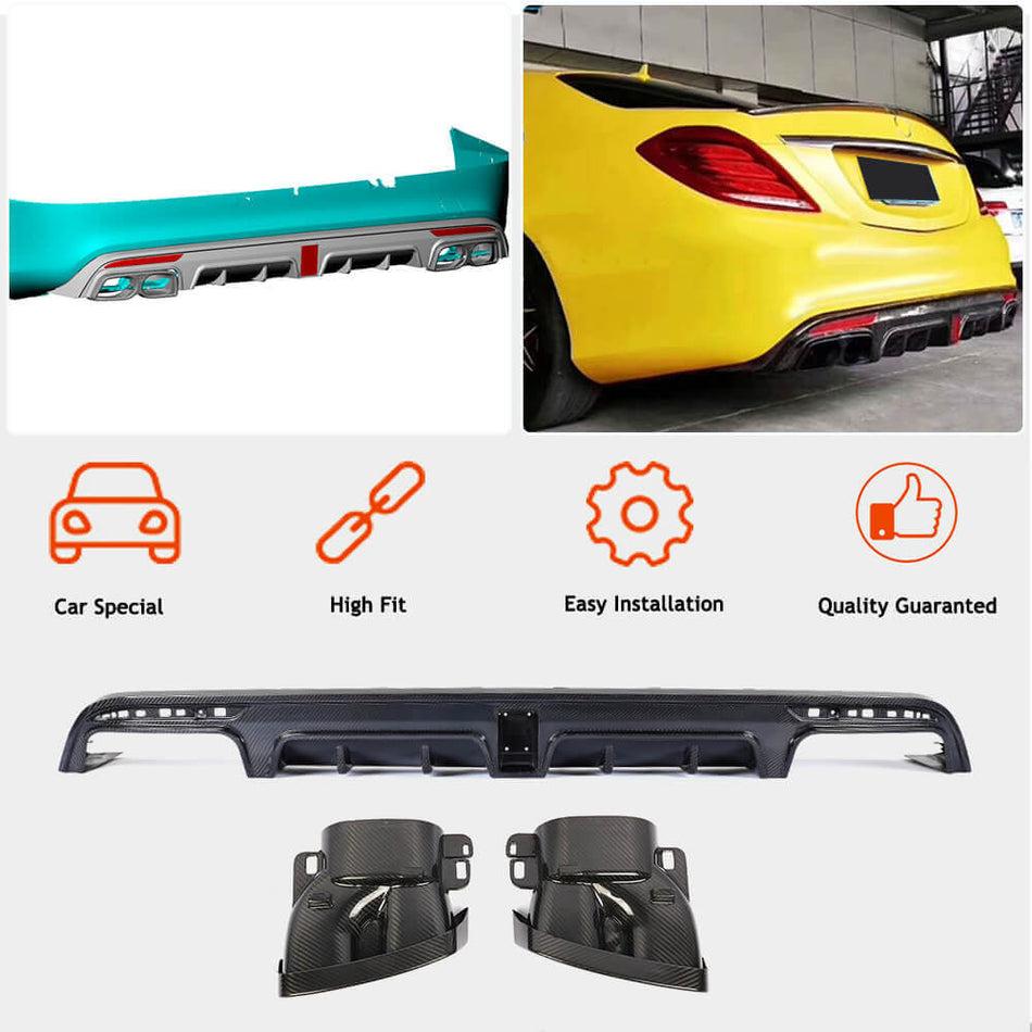 Mercedes Benz W222 Sport S63 AMG Pre-facelift 2014-2017 Rear Bumper Diffuser With Exhaust Pipe Tips Carbon Fiber-Ahacarbon