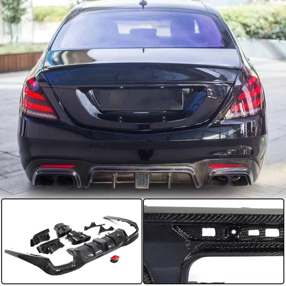 Mercedes Benz W222 S63 S65 AMG Facelift 2018-2020 Rear Bumper Diffuser W/Exhaust Pipe Tips Carbon Fiber-Ahacarbon