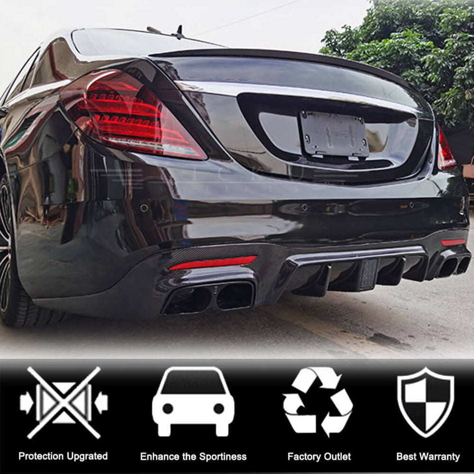 Mercedes Benz W222 S63 S65 AMG Facelift 2018-2020 Rear Bumper Diffuser W/Exhaust Pipe Tips Carbon Fiber-Ahacarbon