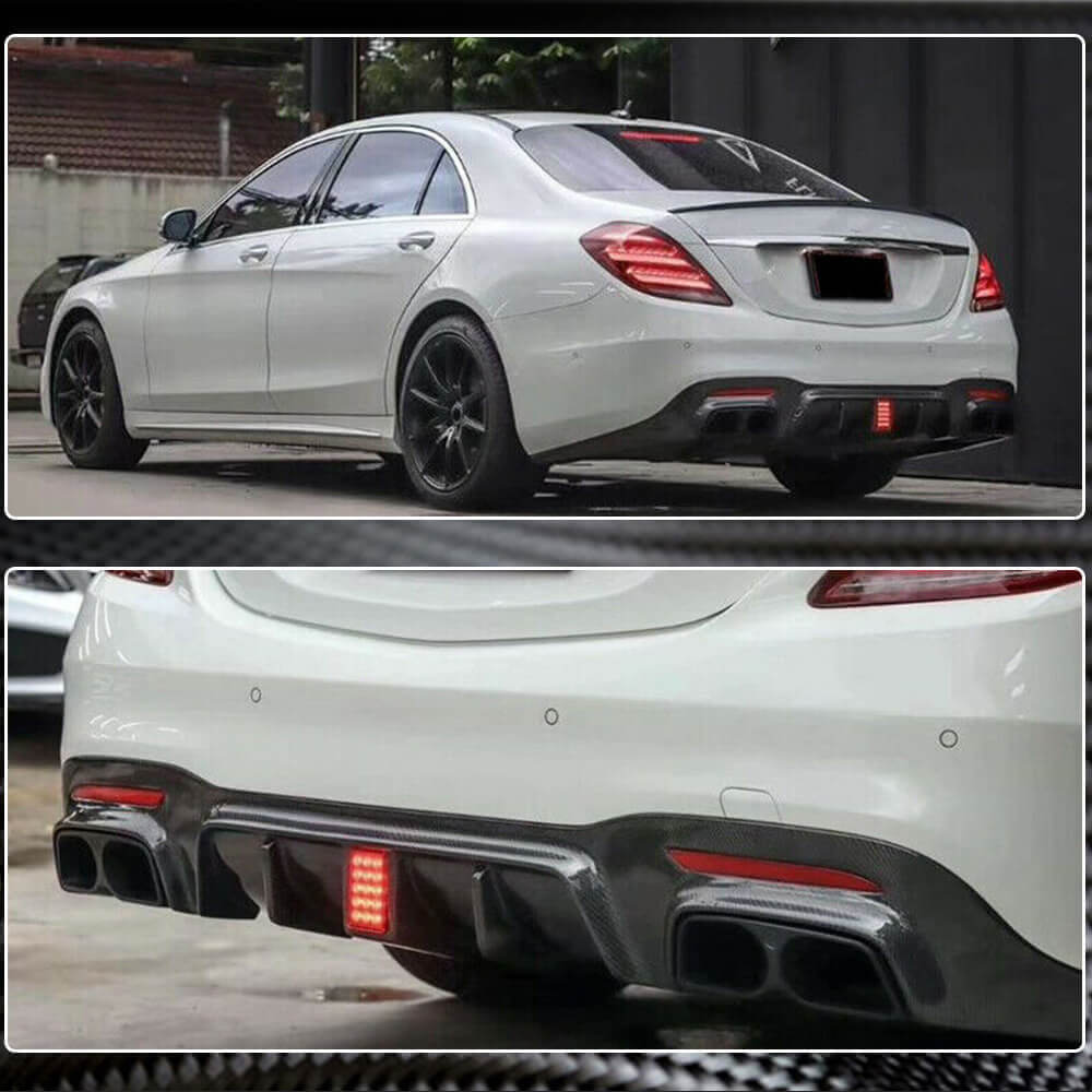 Mercedes Benz W222 S63 S65 AMG Facelift 2018-2020 Rear Bumper Diffuser W/Exhaust Pipe Tips Carbon Fiber-Ahacarbon
